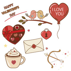 バレンタインのイラストセット。恋愛、告白、恋、チョコレート、結婚、カフェ、2月。ベクターイラスト