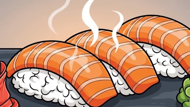Hot Salmon Sushi Nigiri on Plate with Wasabi and Ginger