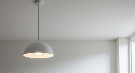 Minimalist white modern pendant lamp hanging from a high, textured ceiling in a bright, contemporary interior space. Sleek design, unlit, architectural, geometric