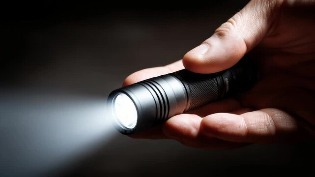 Closeup of flashlight in hand, bright beam illuminating dark space, showcasing sleek design and functionality with modern appeal and texture