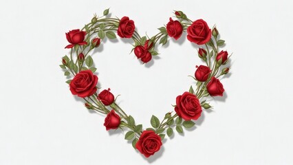 Elegant Valentine Card Design Featuring Intertwined Roses Forming a Heart Shape Naturally, Delicate Leaves and Buds, Realistic Botanical Illustration