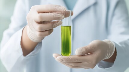 Scientist in futuristic lab, examining vibrant purple liquid in test tube, advanced equipment surrounding, focused on chemical analysis and innovative research.