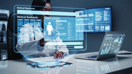 Female doctor interacting with futuristic holographic medical data interface and charts - Powered by Adobe