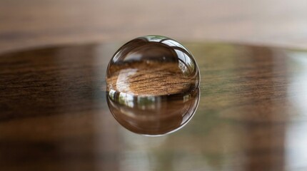 Perfect spherical water droplet magnifies rich brown wooden surface texture beautifully