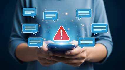 Person holding smartphone with floating speech bubbles and warning symbol