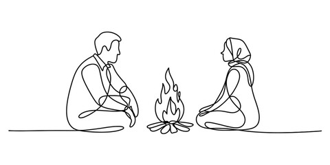 A continuous line art drawing of a man and woman sitting around a campfire Vector, illustration © Creative_Oneline