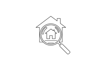 Minimalist Black Line Art House Search Icon and Magnifying Glass. Real Estate Vector Isolated.