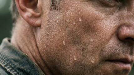 Fototapeta premium Close up showing middle aged man's weathered skin covered with visible sweat droplets