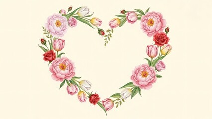 Floral Valentine Card Design with Peonies, Tulips, and Roses Arranged in a Heart-Shaped Wreath, Natural Organic Layout, Watercolor Illustration