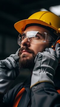 Man in Yellow Hard Hat and Goggles with Beard Looking Thoughtful