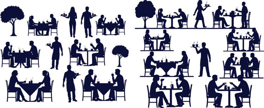 Outdoor caf&eacute; silhouette collection showcasing patrons dining and servers carrying beverages on trays