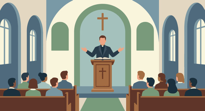 Pastor Giving Sermon



A flat vector illustration of a pastor standing at a pulpit, delivering a sermon to the congregation. Bible open on the stand, simple church interior in the background. 