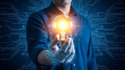 Person holding glowing light bulb with circuit background