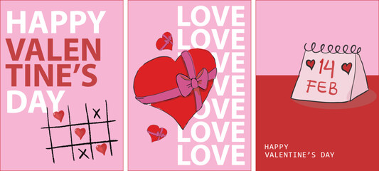Obraz premium Happy Valentines Day cards in trendy hand drawn style with heart with ribbon, hearts tic tac toe, and valentine's day calendar. Template for ads, branding, banner, cover, label, poster