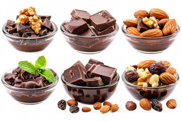 Several glass bowls present chocolate, walnuts, almonds, raisins, and mint on transparent background