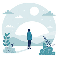 Obraz premium A man stands alone in a serene landscape gazing at the moonlit hills and foliage