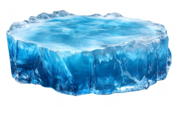 Floating block of sculpted, icy blue glacier rests elegantly on transparent background