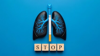 Cigarette between lungs with stop sign blocks on blue background