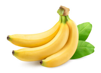 Ripe banana with green leaves isolated on white.