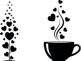 Obraz premium Love hearts silhouette vector illustration of coffee cup & plant isolated on transparent background