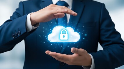 Person in suit holding a glowing cloud with a padlock symbol