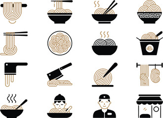 Black and beige of ramen noodles and related bowl chopsticks