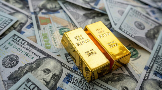 Two fine gold bars rest on a pile of US one hundred dollar bills.