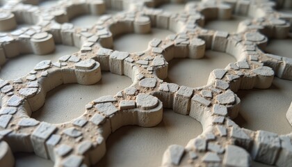 Close up of a beige and gray textured geometric pattern with hexagonal shapes and rough stone fragments in soft natural light