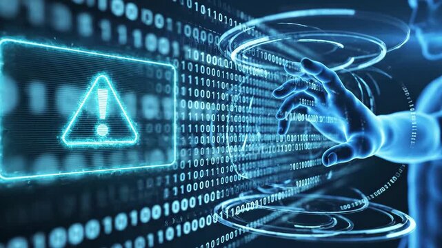 Digital security alert human interaction with binary code and warning sign