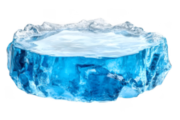 Water and blue ice structure above reflects mountains on transparent background