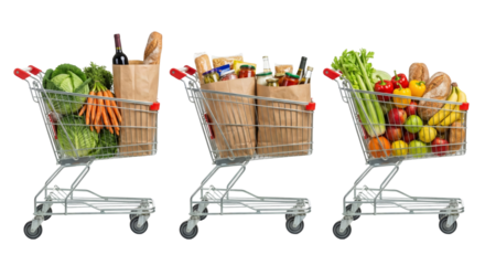Three Full Shopping Carts with Groceries and Produce