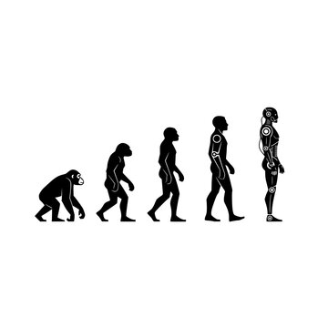 Minimal silhouette human evolution from ape to robot vector progression icons