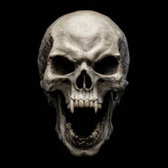 Menacing vampire skull with bared fangs screams silently against a dark background