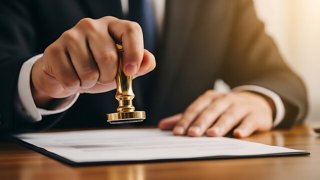 Person in suit stamping document with gold seal hand