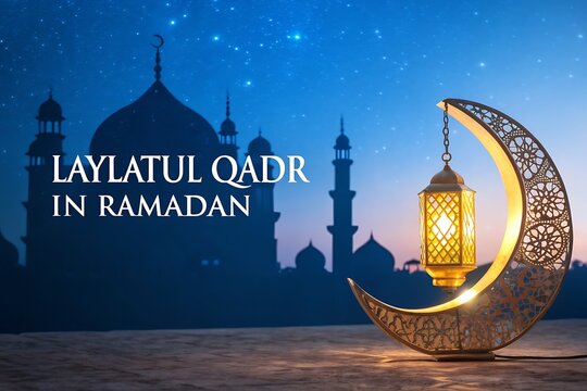 Laylatul Qadr In Ramadan: Lantern On Crescent With Silhouette Mosque At Night

