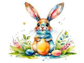 Watercolor bright colorful cute easter bunny with easter egg, isolated on white