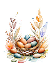 Watercolor painted easter eggs in nest with foliage isolated on white