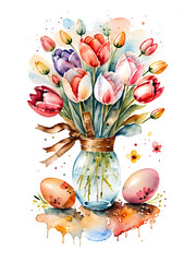 Watercolor bouquet of spring tulips in vase with painted easter eggs beside, isolated on white