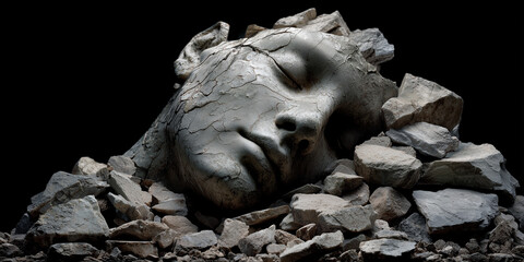 Cracked stone sculpture face emerges from a dark pile of rubble and rocks
