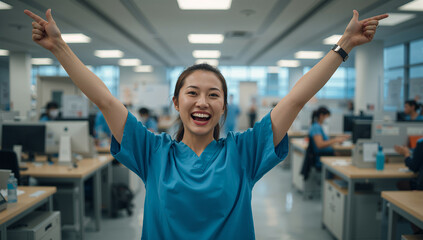 女性が病院のナースステーションで両手を上げて喜びを示す夜