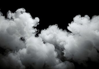 Thick white cloud of vapor billowing up against a black backdrop, creating a dynamic atmospheric texture with soft edges, abstract, light, dynamic