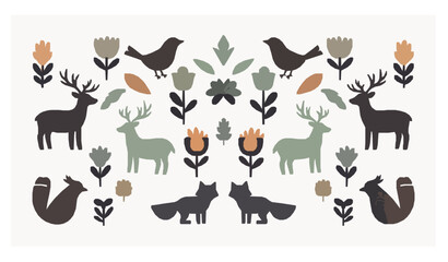 Fototapeta premium Ethnic Scandinavian folk animal sticker set with boho doodle elements vector