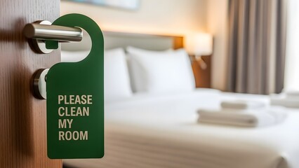 Please Clean My Room Sign Hanging on Hotel Door Handle