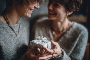 two middle-aged women's hands exchanging gift on valentine day