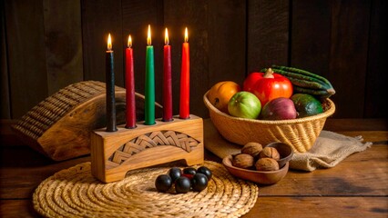 Five candles are lit next to a basket of fresh fruits and nuts on a wooden surface