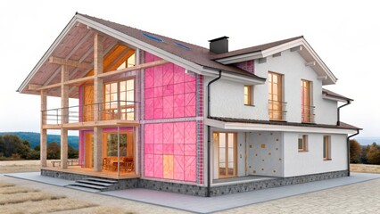 Modern house design with colorful walls and wide windows in open field during daylight
