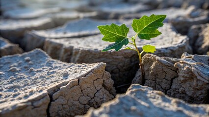 New plant grows from dry cracked soil under bright sunlight in desert setting