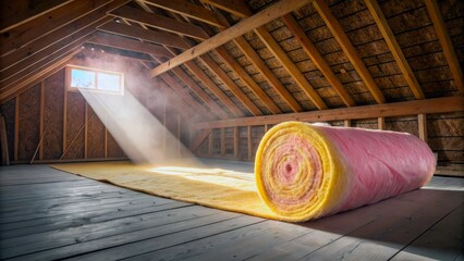 Light shines into an attic with rolled insulation and a yellow mat on the wooden floor