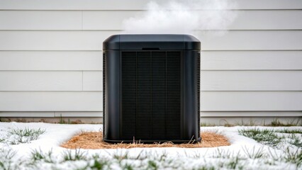 Heating unit releases steam during winter on snowy ground in residential area