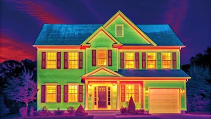 Colorful house with lights at dusk in a quiet neighborhood on a calm evening